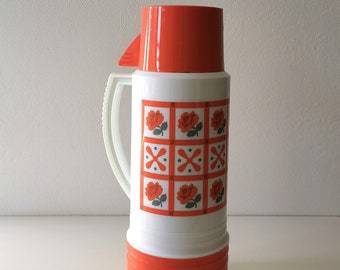 Japanese 1970s vintage thermos flask, red and white retro flask by Shimizu, unused vintage Japanese camping equopment, retro camping gift