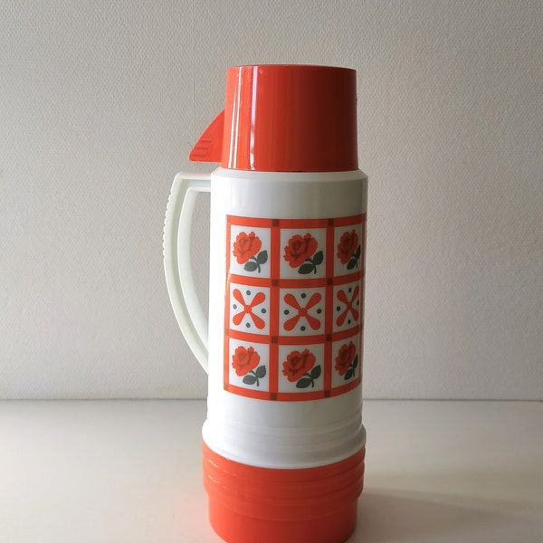 Japanese 1970s vintage thermos flask, red and white retro flask by Shimizu, unused vintage Japanese camping equopment, retro camping gift