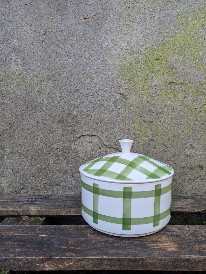 Plat à couvercle vintage français : Moulin des Loups en céramique à carreaux verts image 9