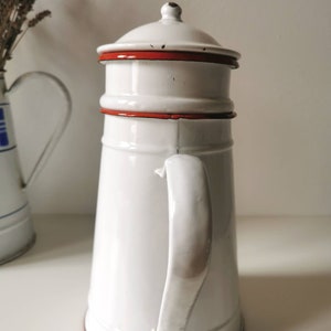 French vintage coffee pot, red and white reteo enamel kitchenware, beautiful French rustic, farmhouse decor for home image 9