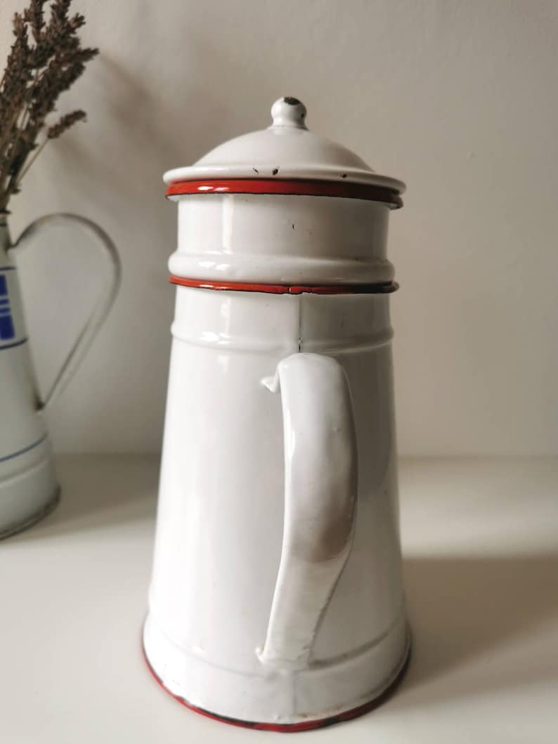 French vintage coffee pot, red and white reteo enamel kitchenware, beautiful French rustic, farmhouse decor for home image 9