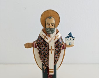 French vintage religious statue of Saint Nicolas handcarved, handpainted, Catholic religious home decor, beautiful religious artifact