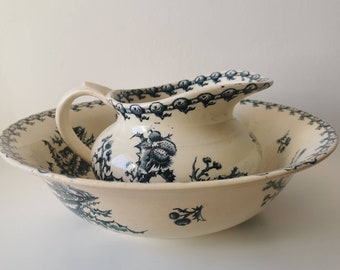 French antique Gien, wash bowl and jug, model Chardons, blue and white 19th century wash duo, French country home decor, antique gift