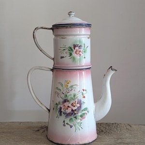 French Antique Coffee Pot, Floral Enamel Kitchenware