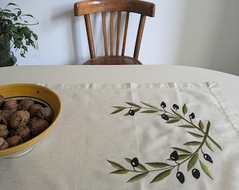 French Vintage Table Runner: Embroidered Olive Branch, Boho Decor