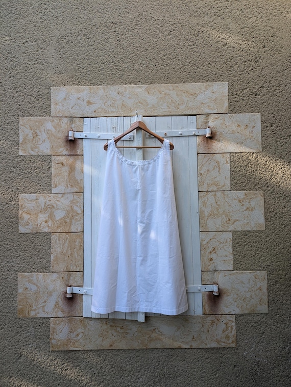 French Vintage Linen Nightgown: Hand Embroidered Sleeveless Farm Dress