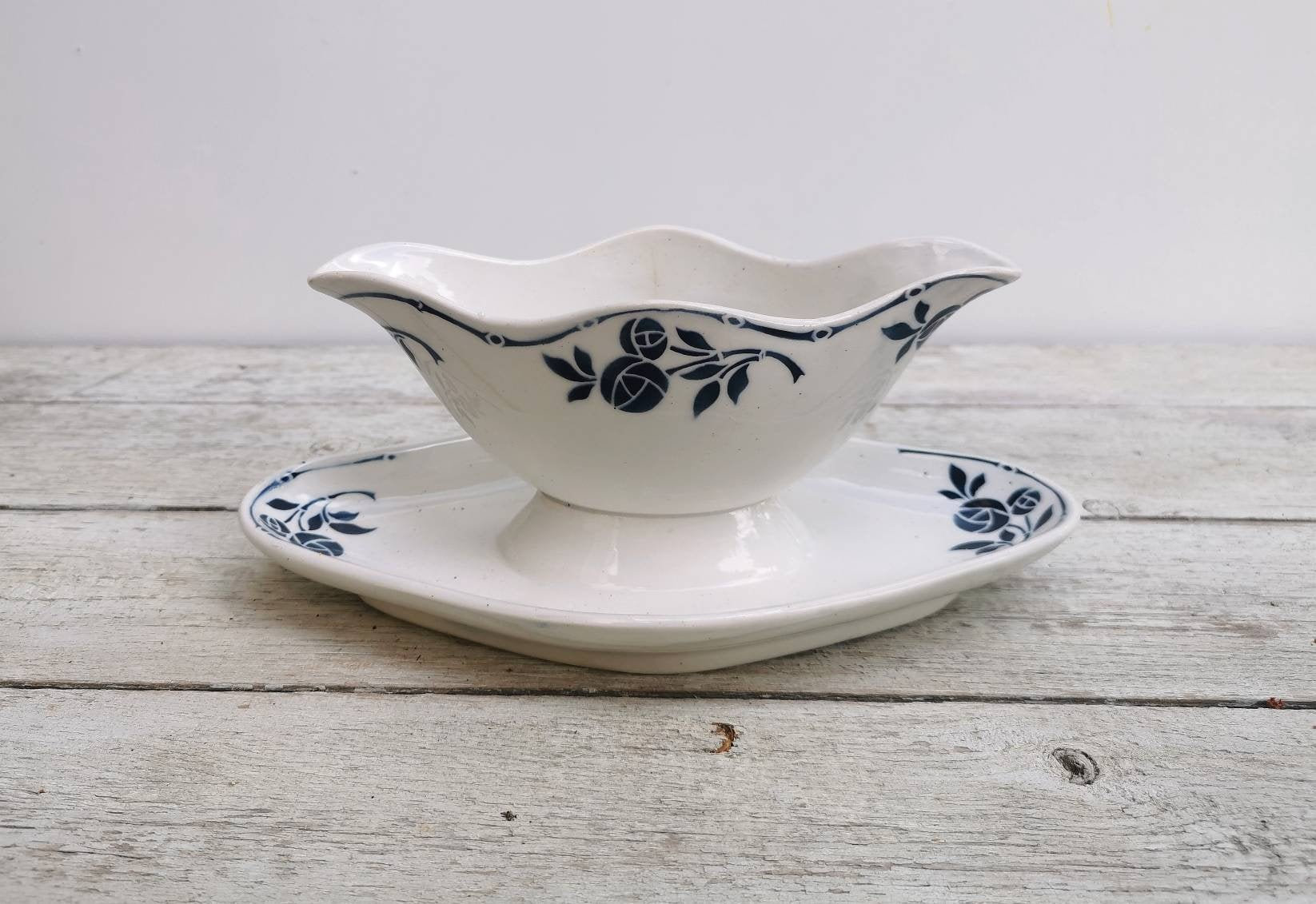 Français Bateau à Sauce Vintage, en Céramique Bleue et Blanche, Orchies, Hamage Moulin Des Loups, Ca