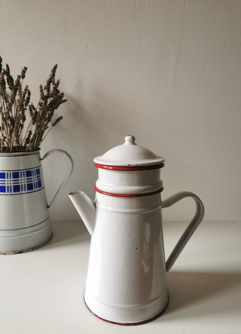 French vintage coffee pot, red and white reteo enamel kitchenware, beautiful French rustic, farmhouse decor for home image 1