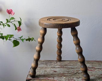 French vintage stool, 3 legged  bobbin wooden farmhouse seating