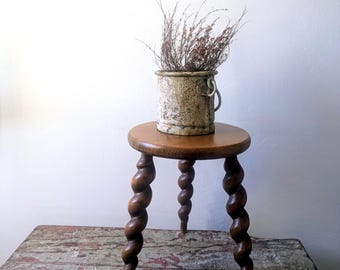 French Vintage Turned Wood Stool, Rustic Country Cottage Side Table