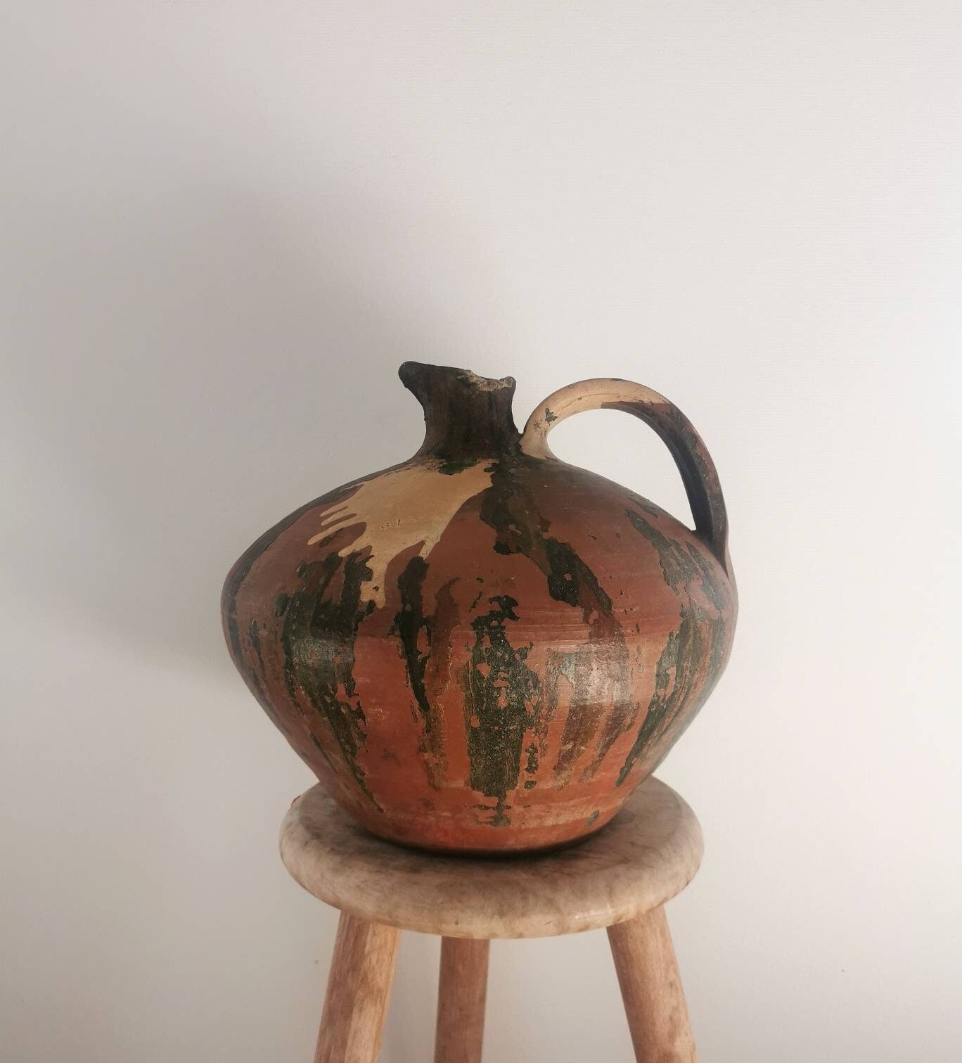 Fabuleux Grand Pichet Antique Du 19Ème Siècle Français, Patine Verte, en Terre Cuite Rare Fait à La