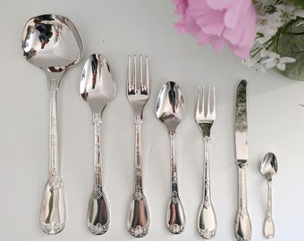 ensemble de couverts vintage en argent, boîte complète de 12 pièces, service de couverts français vintage pour salle à manger, poignées détaillées, service en acier inoxydable