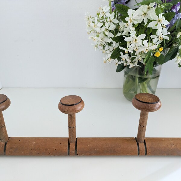 French vintage coat hook, wooden home organisation, French neutral home decor, natural materials, long wooden coat rack