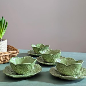 Cuencos de repollo vintage con platillos: cerámica estilo barbotina, juego de 4