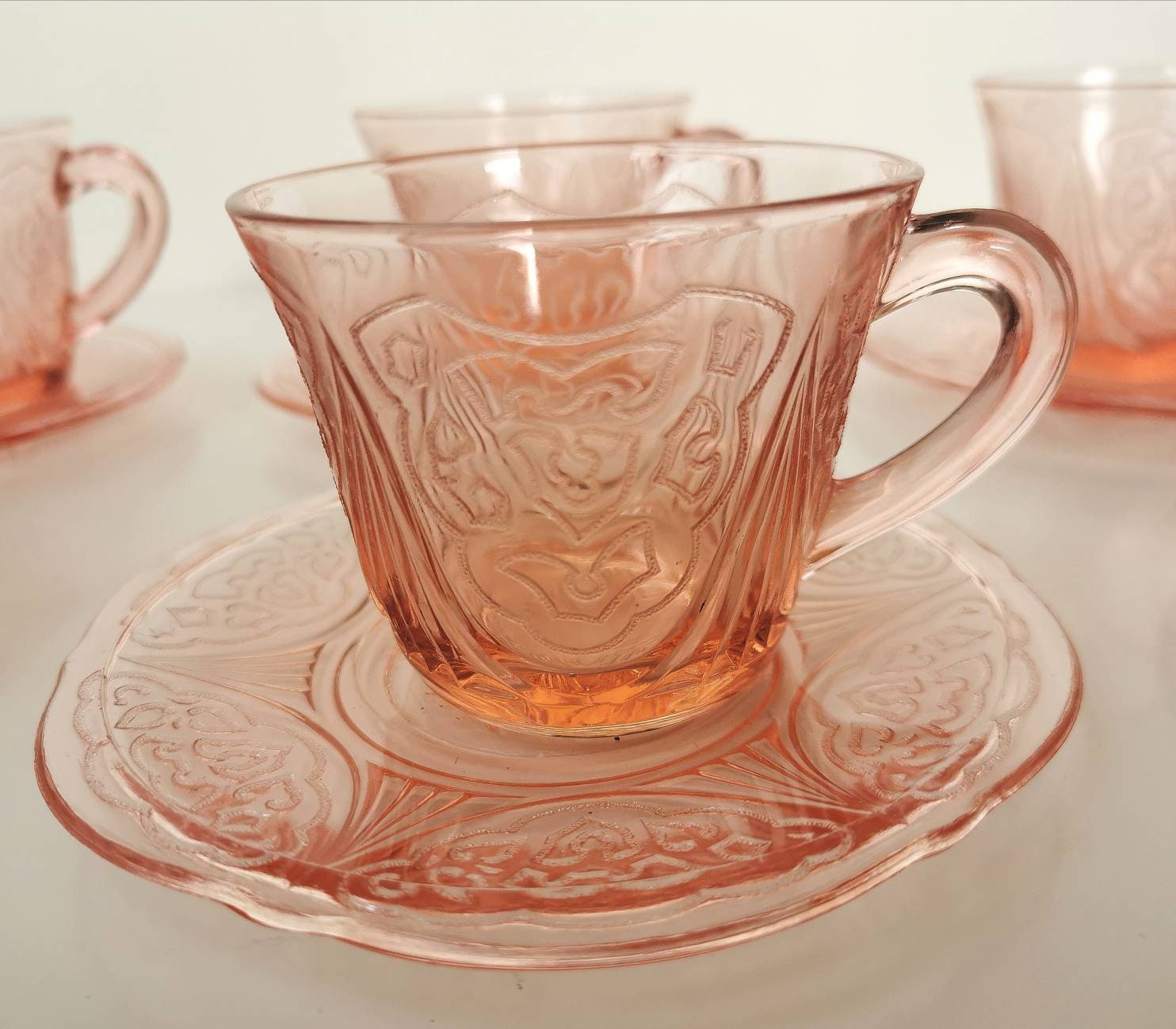 Tasses à Thé et Soucoupes en Verre Vintage Rose Blush, Verrerie Inspirée Du Dépression, Français Rep