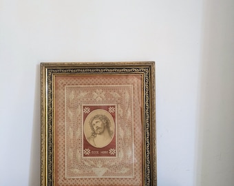 Obra de arte devocional francesa antigua, enmarcada, Canivet, siglo XIX.