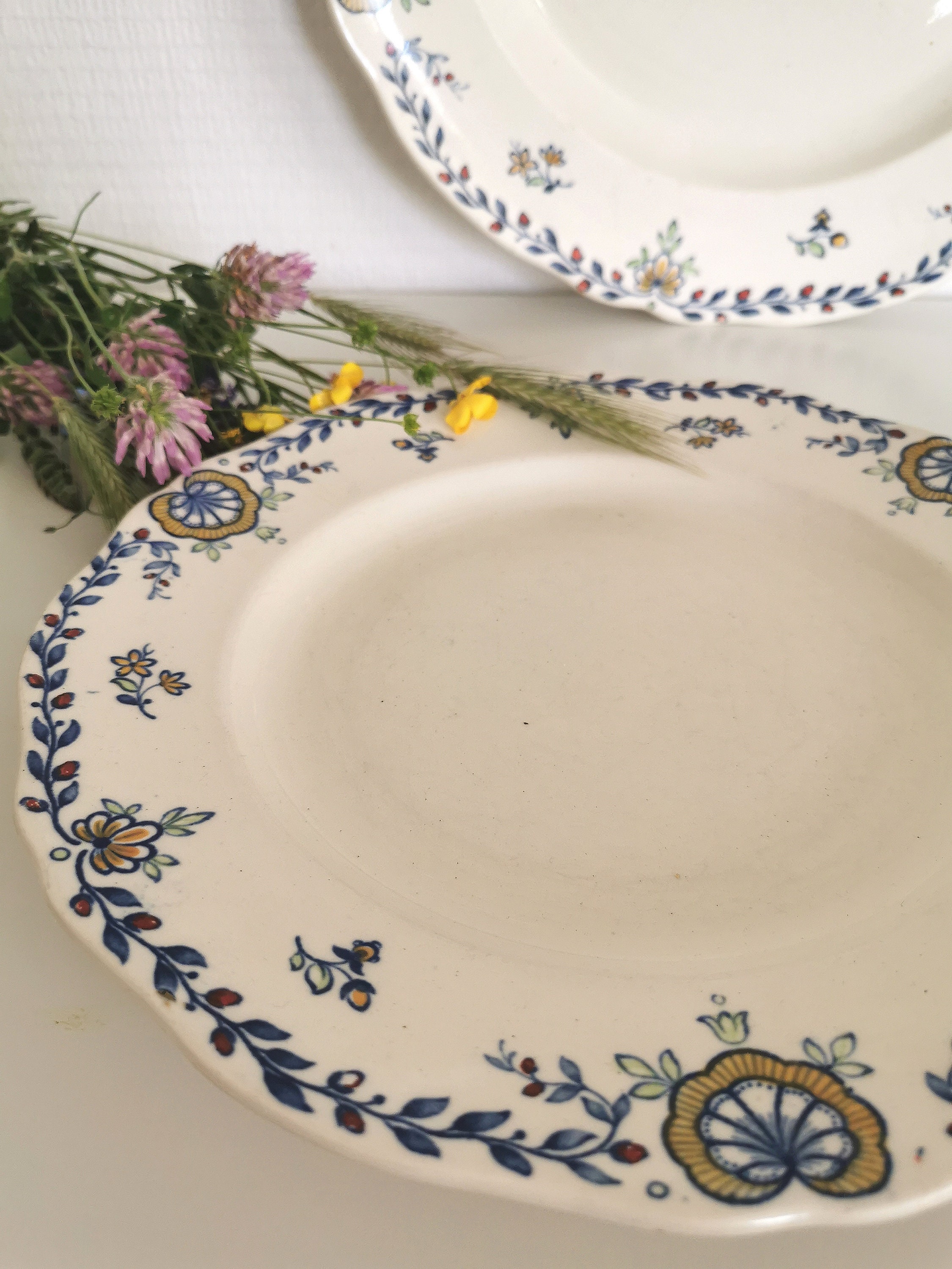 Français Assiette de Service, Bols et Assiettes, Au Design Floral Bleu Jaune, Par Kg Luneville. Déco