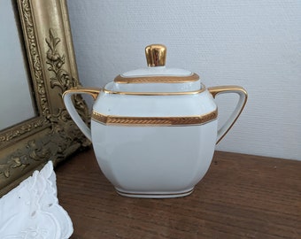 Sucrier vintage français, porcelaine blanche et dorée, vers les années 1950, vaisselle de Limoges, décoration de cuisine française romantique