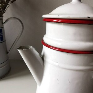 French vintage coffee pot, red and white reteo enamel kitchenware, beautiful French rustic, farmhouse decor for home image 7