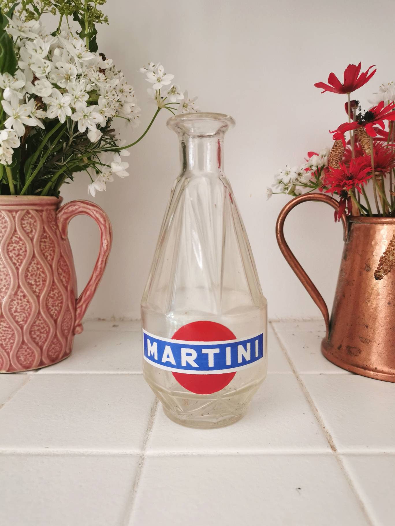 Carafe Martini Des Années 1960, Bouteille en Verre, Logo Bleu et Rouge, Vaisselle de Bar Du Milieu S