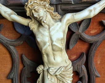 Large Antique Framed Crucifix: French Religious Wall Decor, Sculpted Christ