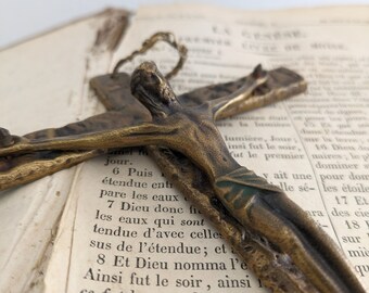 Simple, bronze, vintage crucifix of Christ, French vintage catholic homeware, rare religious art,