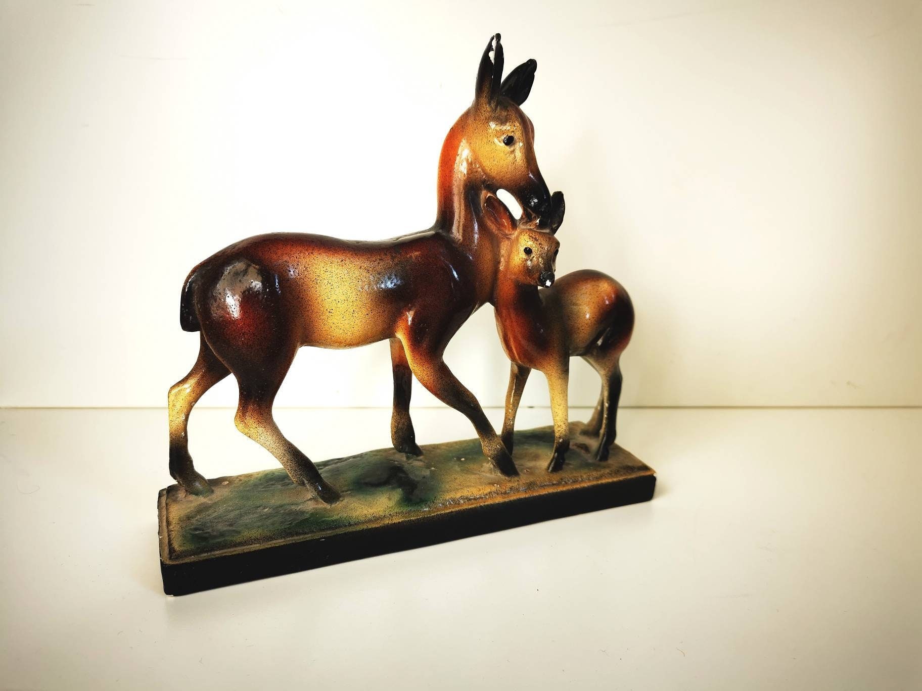 Biche Vintage et Faon, Céramique de Cerf, Statue Émaillée, Milieu Du Siècle, Décoration Rétro Signée