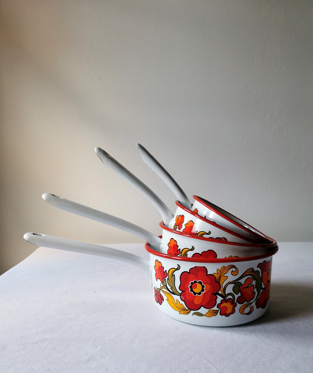Lot of 4 Enamel Saucepans French White Vintage Pans With Etsy