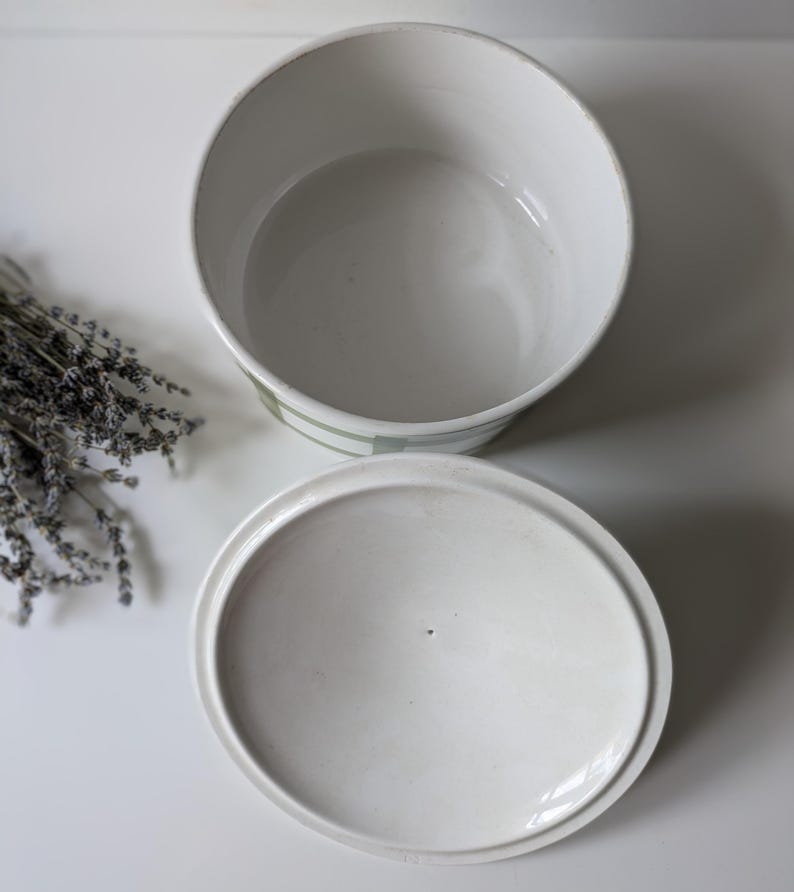 May include: White ceramic container with a lid, featuring a round shape. The container has a light green and white striped design around the rim. Dried lavender sprigs are visible on the left side, suggesting a storage or decorative theme.