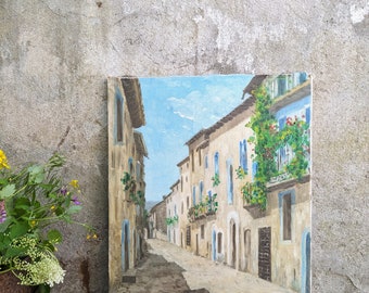 Tableau vintage français signé du village, tableau vintage original pour décoration murale, tableau du village français signé, volets bleus