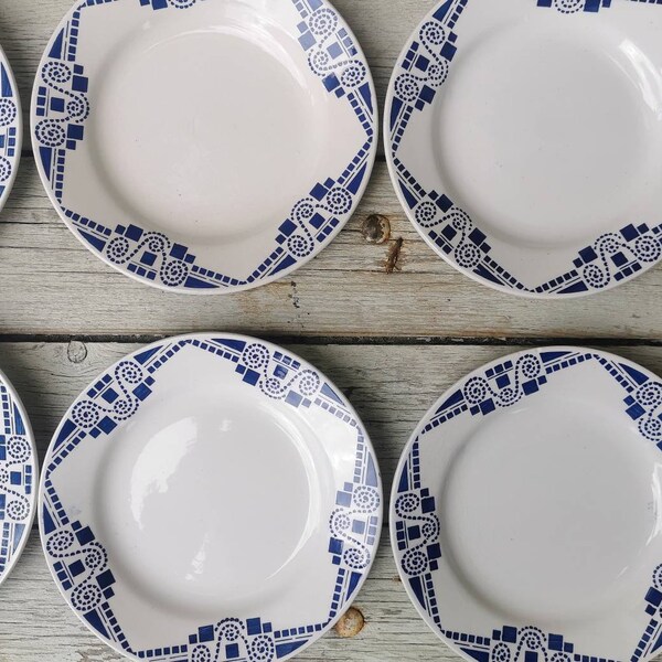 Lot of 8, small French vintage blue and white mid century plates by moulin des loup, model orchies, French kitchen gift