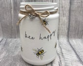 Bee gift, bee happy vase, gift for her, bee ornament, be happy jar, rustic vase, rustic decor, pen holder, desk tidy, paintbrush holder