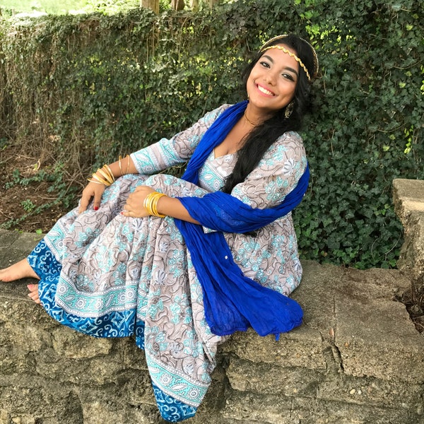 Anarkali, Boho Dress, Bohemian Dress, Indian Dress, Blue and Gray Anarkali Boho Dress