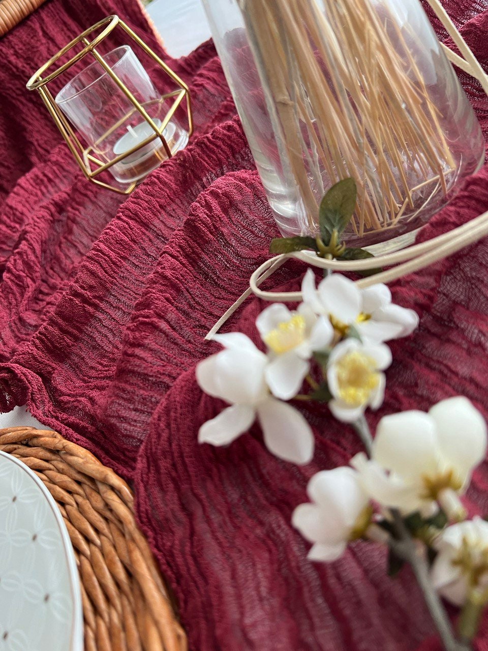 2 Pezzi Runner da Tavola Borgogna, Vino Rosso 90cm x 300cm Garza Boho Runner da Tavolo per Matrimonio Addio al Nubilato Baby Shower Decorazioni Feste di Compleanno