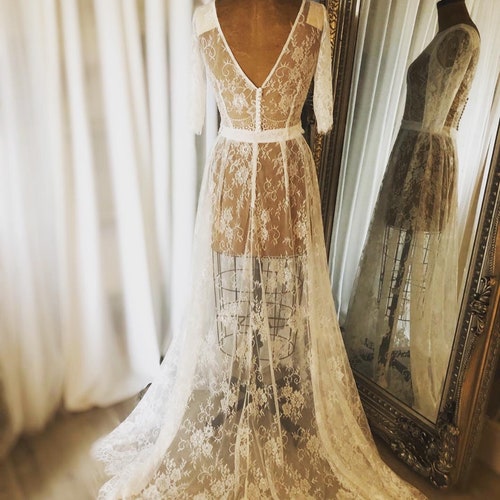 lace overlay top for wedding dress Leaf Lace Overlay V-neck A-line Nude Bohemian Wedding Dress
