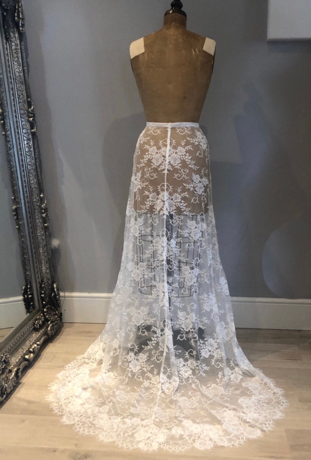 Lace Overlay Sheer Bridal Skirt, Bridal Separates, Lace Skirt, Black or Ivory Lace