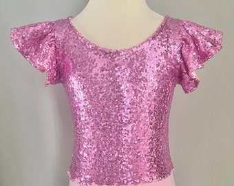 Girls sequin leotard, pink frill sleeve leotard, bodysuit, top, Bridesmaid, flower girl,  Hand Made in the Uk. More colours.