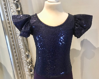 Girls Sequin leotard. Navy/purple frill sleeve leotard, bodysuit, top, Bridesmaid, flower girl, Hand Made in the Uk. 15 colour options.