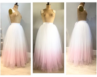 Pink dip dye, Ombre Full length White Tulle Bridal Skirt, Long Tulle Bridesmaid skirt, Wedding separates, custom maid to measure Skirt