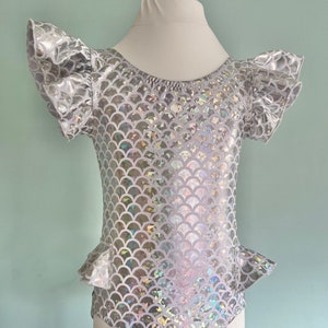 Girls Mermaid leotard. iridescent silver, bodysuit, swimwear, top, Bridesmaid, flower girl, Dance, Hand Made in the Uk