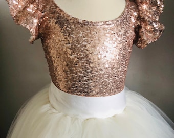 Girls sequin leotard, rose gold frill sleeve leotard, bodysuit, top, Bridesmaid, flower girl,  Hand Made in the Uk. 15 colour options