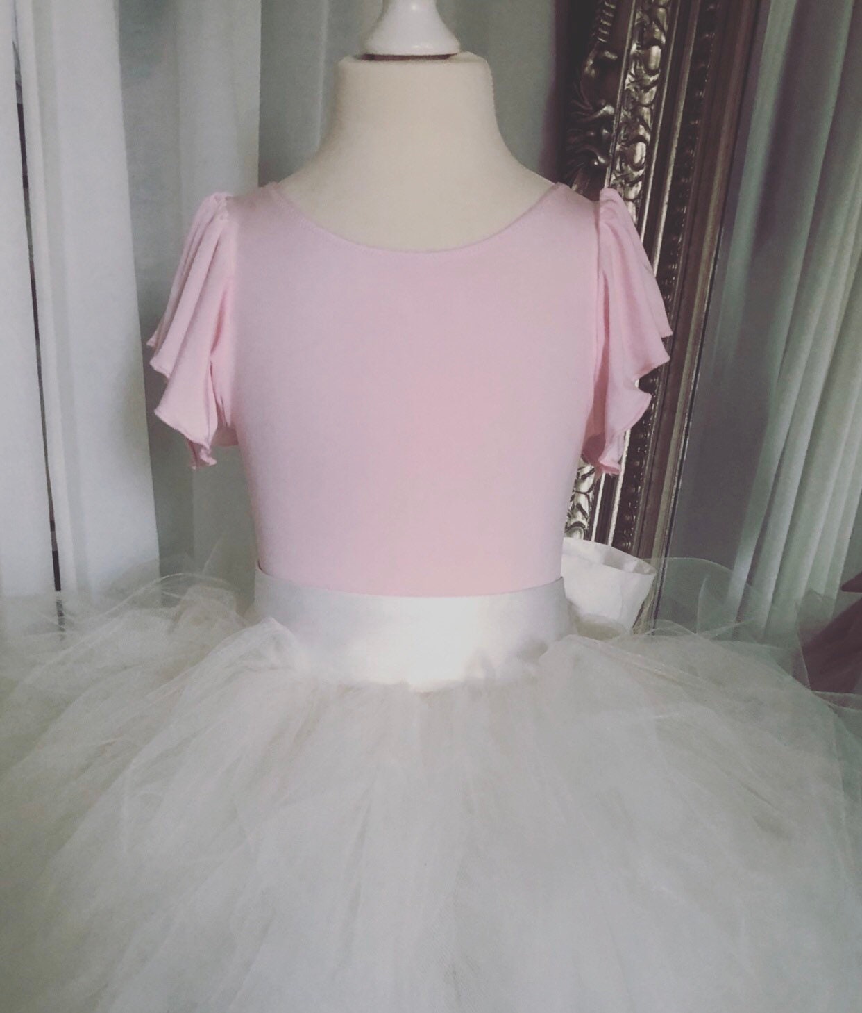 Pink Frill Sleeve Leotard Bodysuit Top With Bow. -