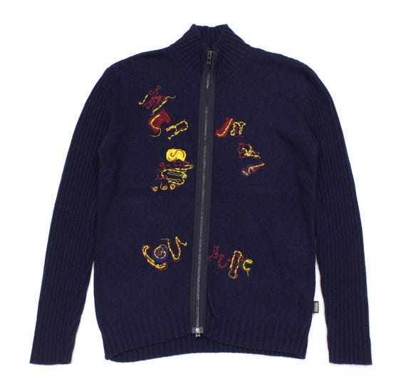 Versace Jeans Couture, Versace Jeans Couture 00S Embroidered Application Logo Wool Ribbed Knit Full Zip Sweater Vintage