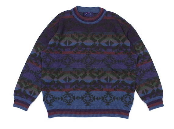 Bogner, Bogner 90S Multicolor Geometric Print Knit Sweater Wool Blend Vintage