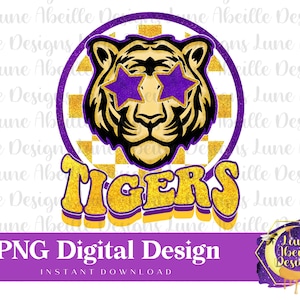 Tigers Gameday Sublimation PNG, Purple and Gold Football Tshirt Design, DTF Transfer Printable, Print and Cut Download, Mascot Graphic Art