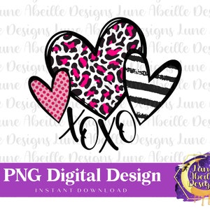 XOXO Pink Leopard e Black Heart Trio Digital Design PNG - Download de sublimação do Dia dos Namorados - Transferência de calor para impressão - Camiseta feminina