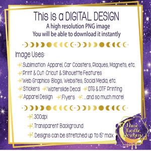 Puede incluir: Un gr&aacute;fico de dise&ntilde;o digital con fondo morado y dorado. El texto dice "Este es un DISE&Ntilde;O DIGITAL. Una imagen PNG de alta resoluci&oacute;n. Podr&aacute;s descargarla instant&aacute;neamente. Usos de la imagen: +Sublimaci&oacute;n: Ropa, posavasos, placas, imanes, etc. +Impresi&oacute;n y corte: Funciones de Cricut y Silhouette +Gr&aacute;ficos web: Blogs, sitios web, redes sociales, etc. Pegatinas Calcoman&iacute;a deslizante DTG y DTF Impresi&oacute;n Dise&ntilde;o de ropa Flyers....&iexcl;y mucho m&aacute;s! 300 dpi Fondo transparente Los dise&ntilde;os se pueden estirar hasta 38,1 cm m&aacute;x Lane Abeille Designs"