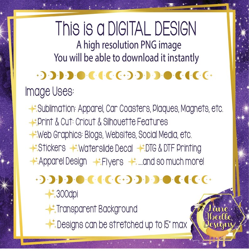Puede incluir: Un gr&aacute;fico de dise&ntilde;o digital con fondo morado y dorado. El texto dice "Este es un DISE&Ntilde;O DIGITAL. Una imagen PNG de alta resoluci&oacute;n. Podr&aacute;s descargarla instant&aacute;neamente. Usos de la imagen: +Sublimaci&oacute;n: Ropa, posavasos, placas, imanes, etc. +Impresi&oacute;n y corte: Funciones de Cricut y Silhouette +Gr&aacute;ficos web: Blogs, sitios web, redes sociales, etc. Pegatinas Calcoman&iacute;a deslizante DTG y DTF Impresi&oacute;n Dise&ntilde;o de ropa Flyers....&iexcl;y mucho m&aacute;s! 300 dpi Fondo transparente Los dise&ntilde;os se pueden estirar hasta 38,1 cm m&aacute;x Lane Abeille Designs"