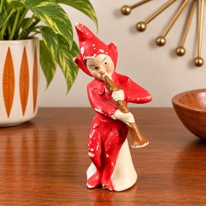 Antique German Bisque Pixie Elf Figurine Clarinet Musician Red Snow Baby 3"
