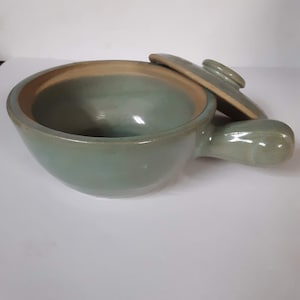 Covered Onion Soup Bowl With Lid And Handle 5&quot;w x 2&quot; deep tall blue green pottery made In USA - vintage pre-war California pottery style